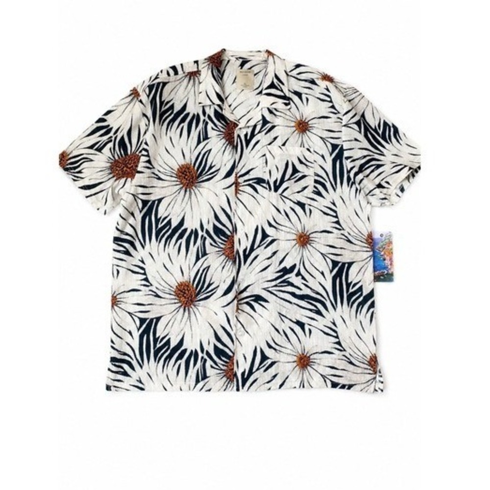 Massive Luxury Crinkle Floral Shirt Men L Black White Button Up Coastal Cruise